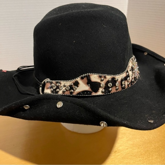 Bullhide Rodeo Cowgirl Hat Large Black Cheetah Animal Print Band Rhinestones - Picture 5 of 14